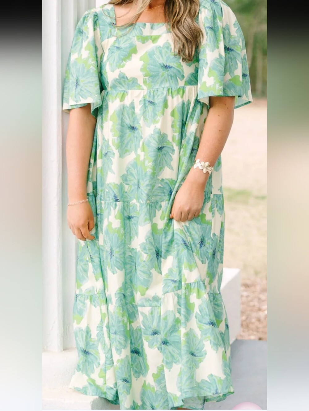 Chic Soul Floral Maxi Dress in Cream and Green